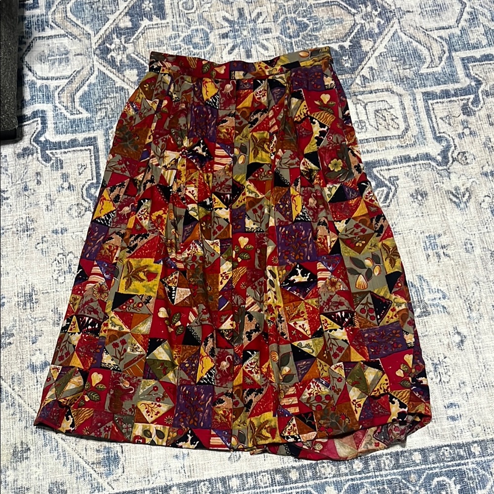 Vintage Geiger Vibrant Red and Yellow Pleated Midi Skirt for Resort Wear